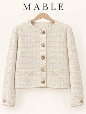 Mable Cream Gold Bouclé Tweed Jeweled Button Blazer Jacket Large NWT